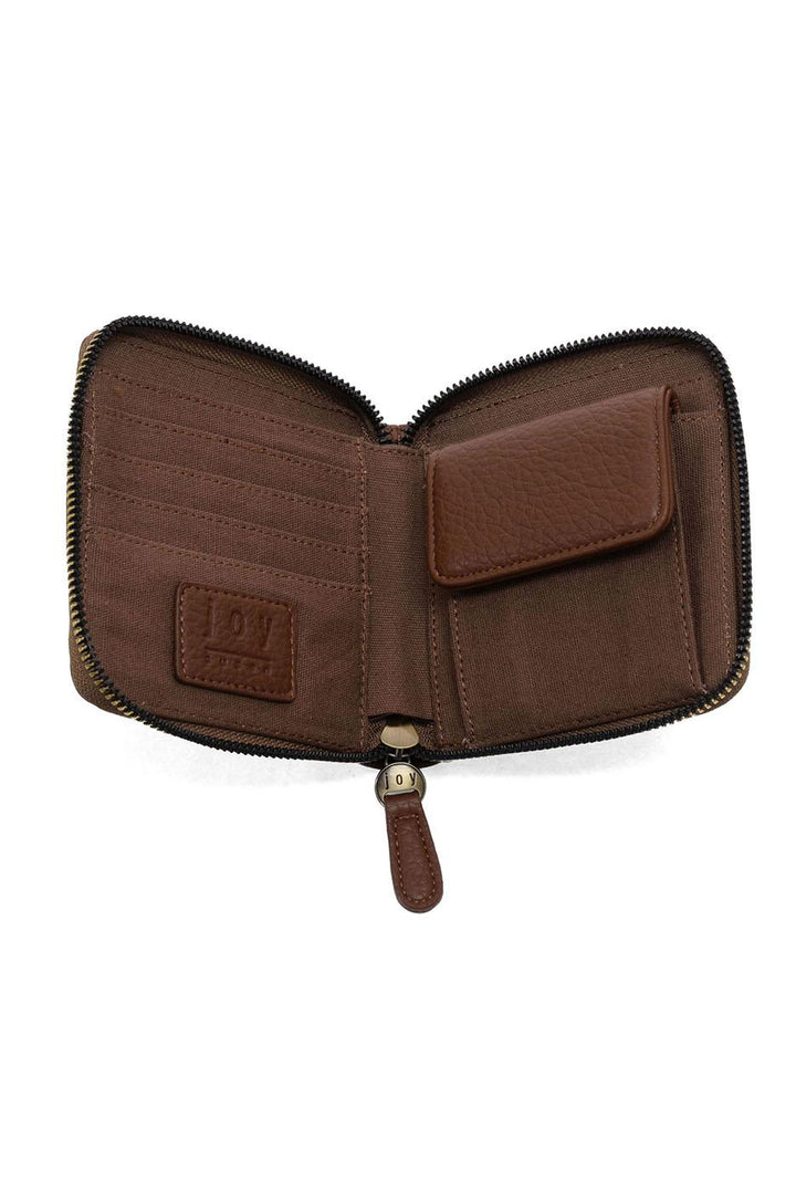 Brown leather zip-around wallet opened showing interior compartments and card slots