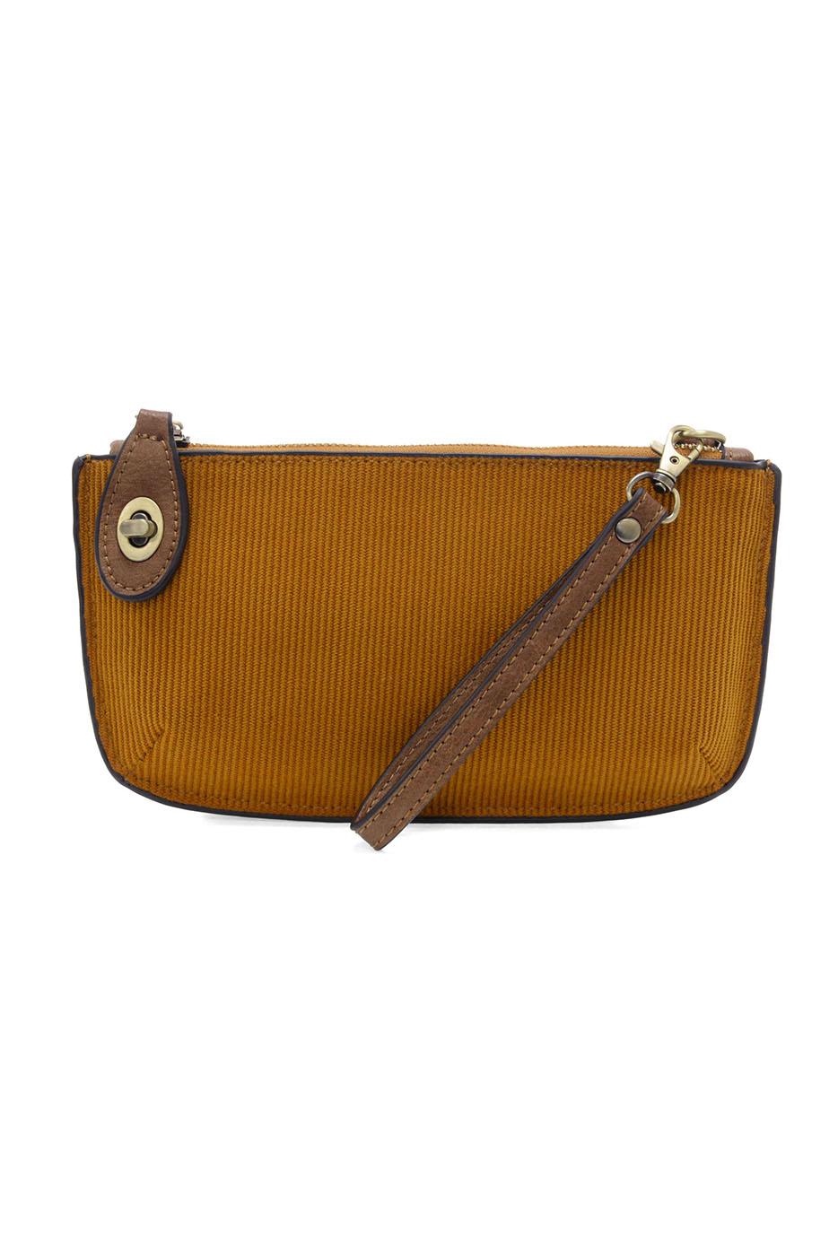 Mustard yellow corduroy mini crossbody wristlet with brown leather trim and wrist strap