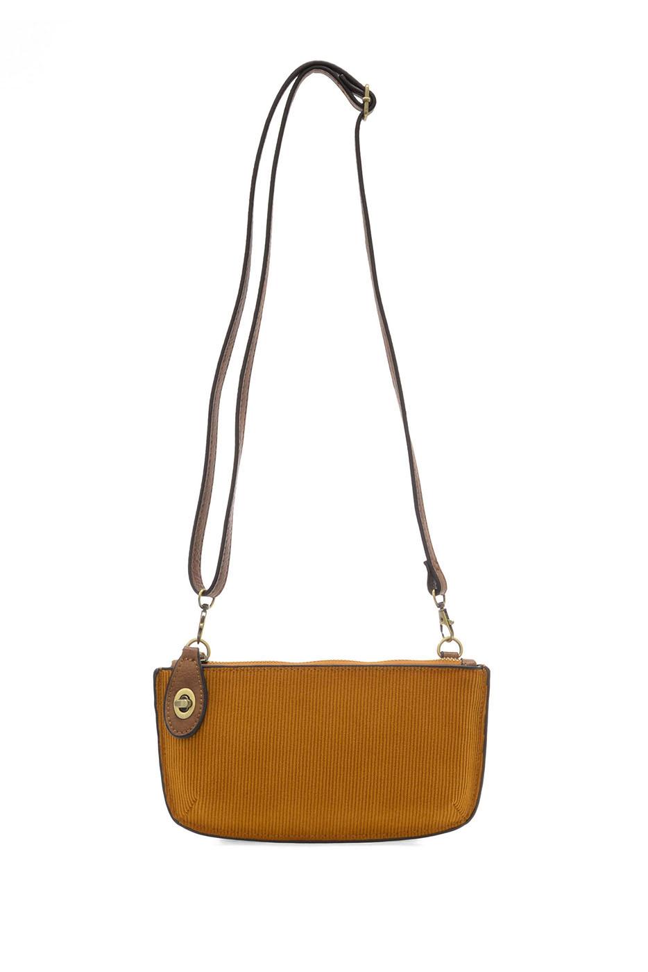 Camel corduroy mini crossbody bag with brown leather strap and gold hardware