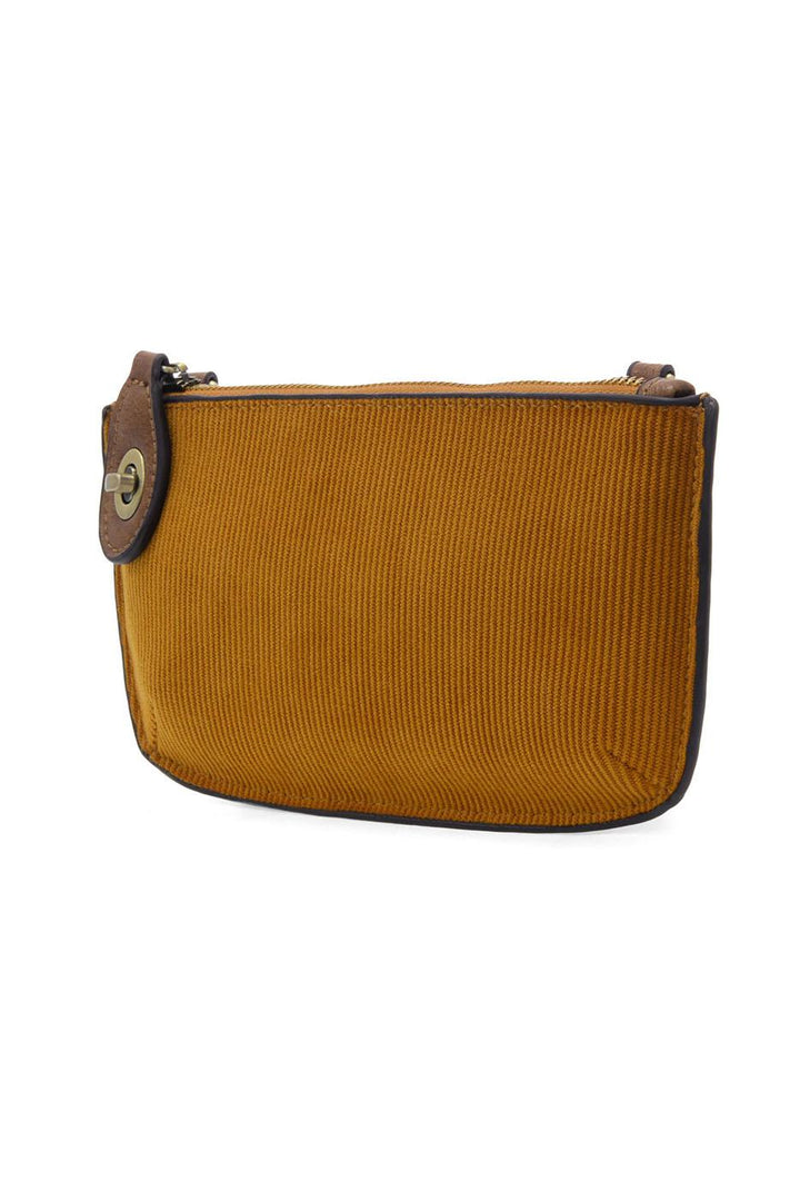 Mustard yellow corduroy mini crossbody wristlet with brown leather trim and zipper closure