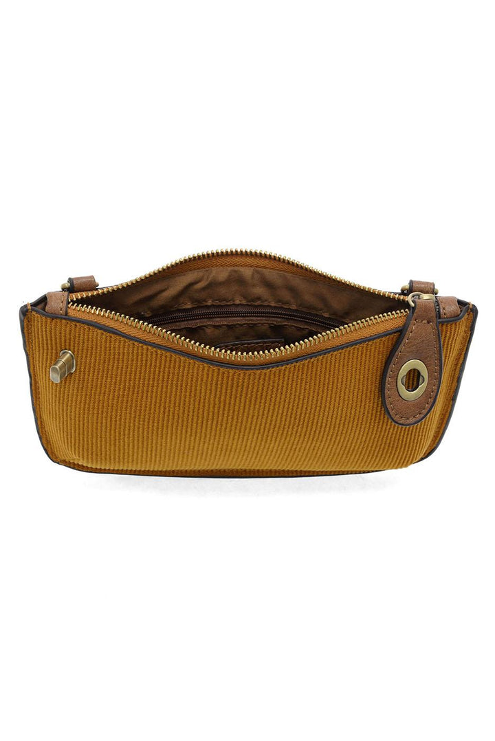 Mustard yellow corduroy mini crossbody wristlet with brown leather trim, open zipper view
