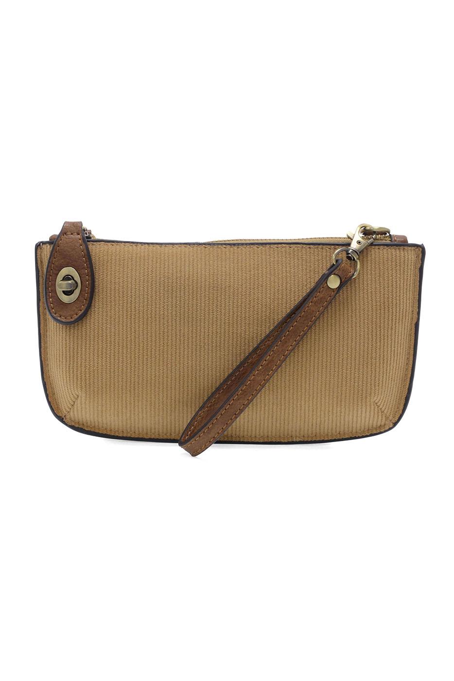 Camel corduroy mini crossbody wristlet with brown leather trim and gold hardware