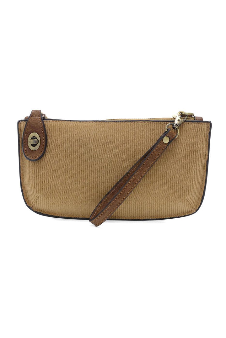 Camel corduroy mini crossbody wristlet with brown leather trim and gold hardware