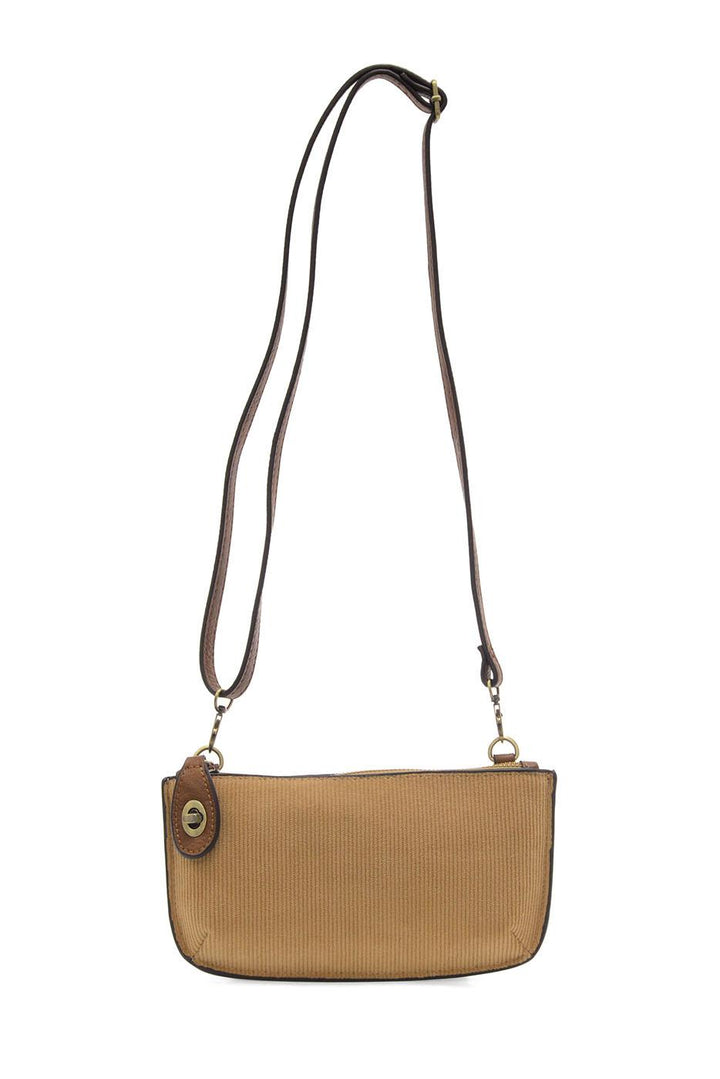 Camel corduroy mini crossbody wristlet with brown leather trim and adjustable strap