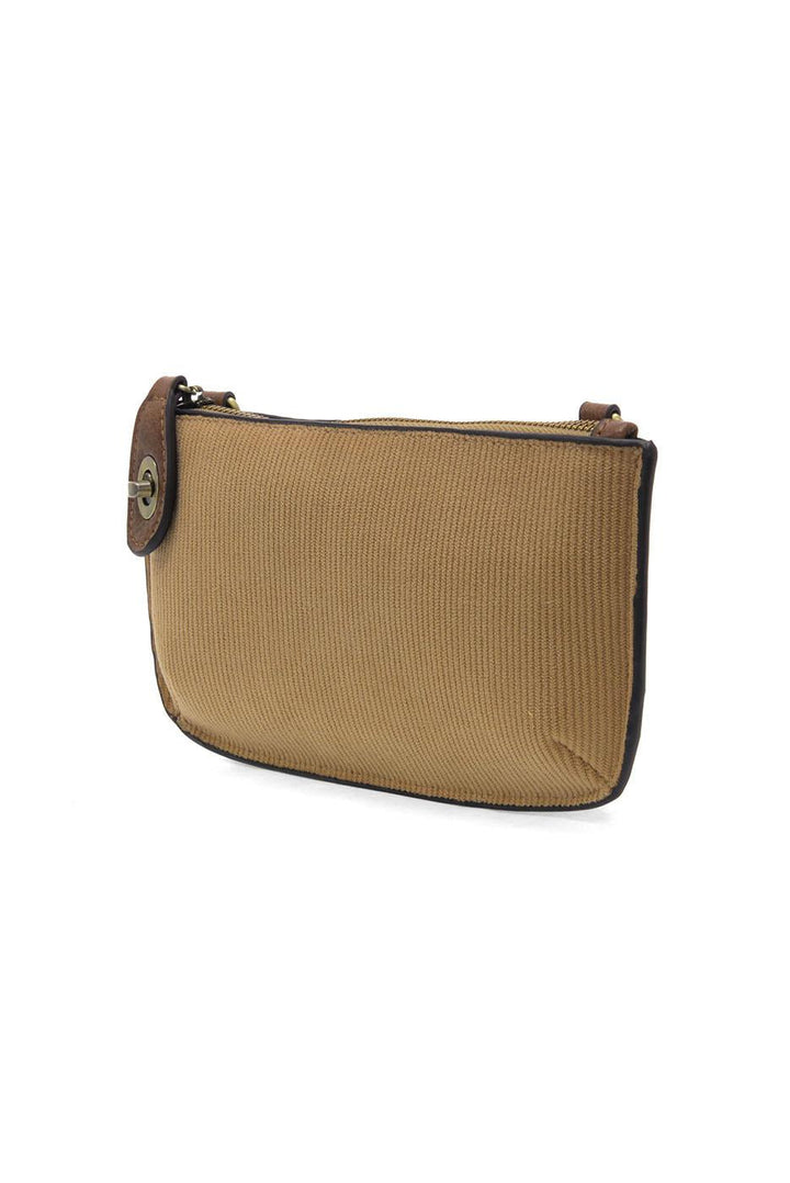 Camel corduroy mini crossbody wristlet with brown leather trim and zipper closure
