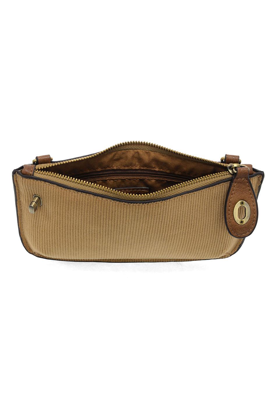 Camel corduroy mini crossbody wristlet with brown leather trim and gold hardware