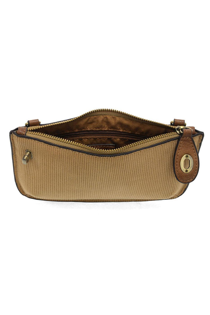 Camel corduroy mini crossbody wristlet with brown leather trim and gold hardware