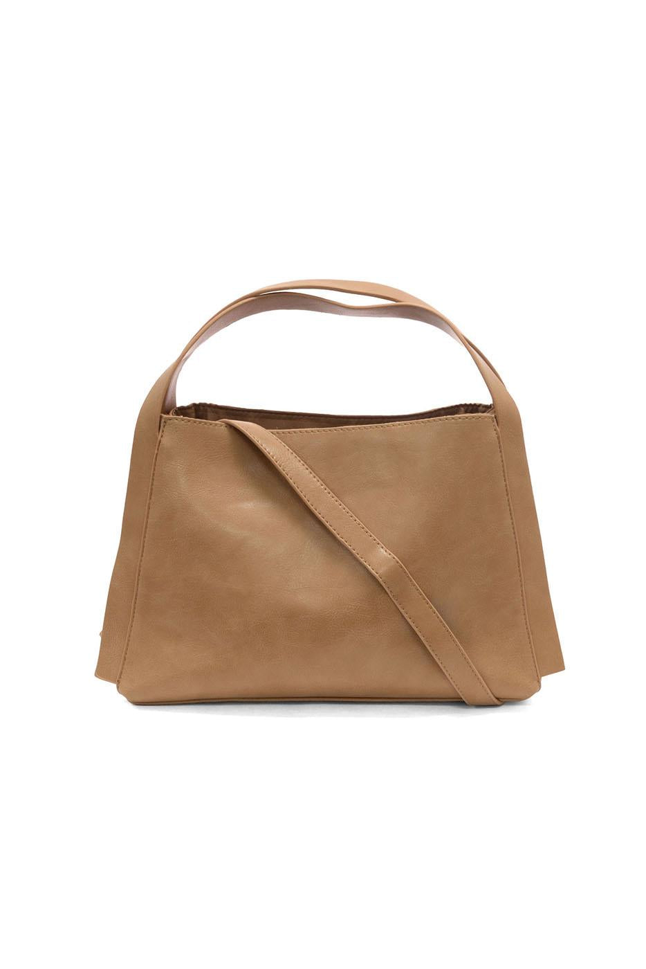 Tan leather crossbody satchel bag with top handle and adjustable shoulder strap