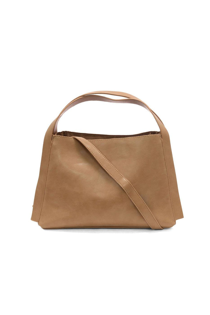 Tan leather crossbody satchel bag with top handle and adjustable shoulder strap