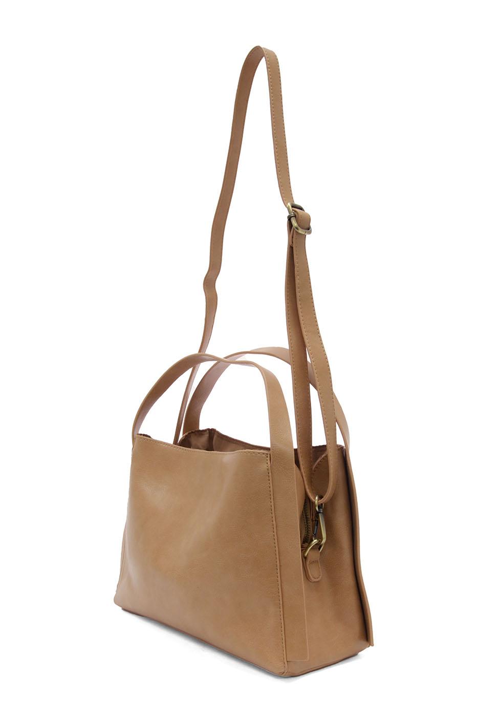 Tan leather satchel crossbody bag with dual handles and adjustable shoulder strap