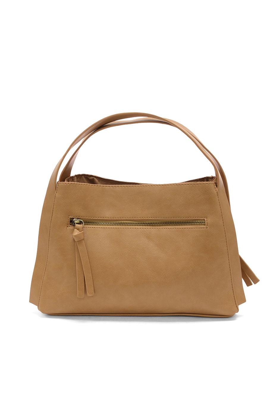 Tan leather satchel crossbody bag with dual handles and front zip pocket
