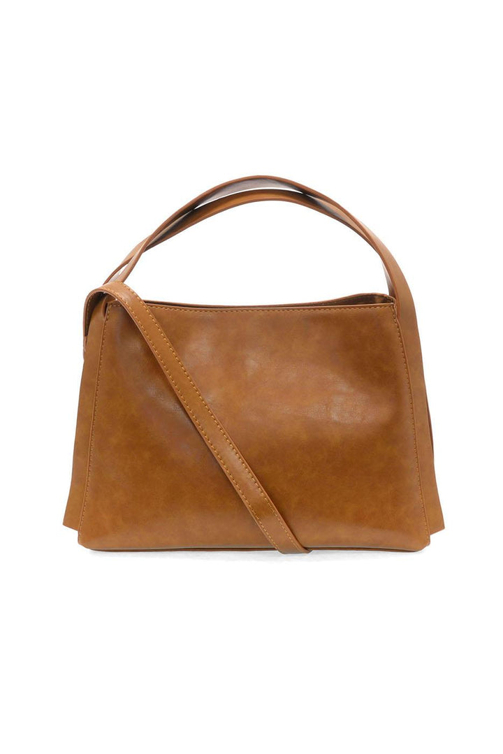 Brown leather crossbody satchel bag with adjustable strap and clean minimalist design