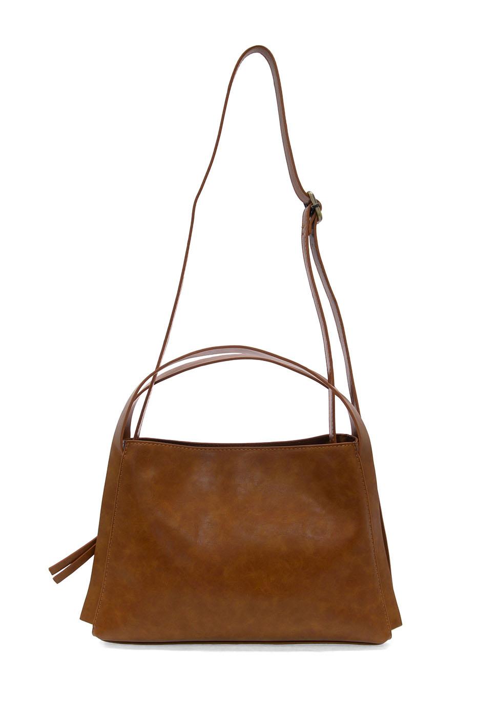 Brown leather crossbody satchel bag with adjustable shoulder strap and structured design