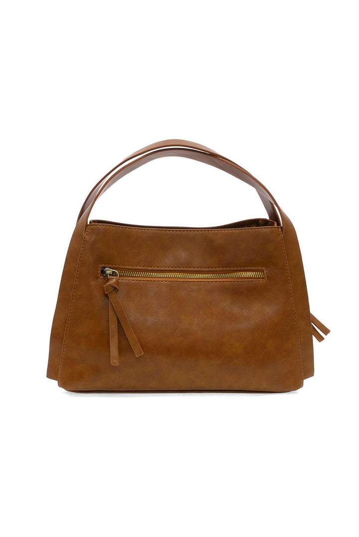 Brown leather satchel crossbody bag with top handle and front zippered pocket