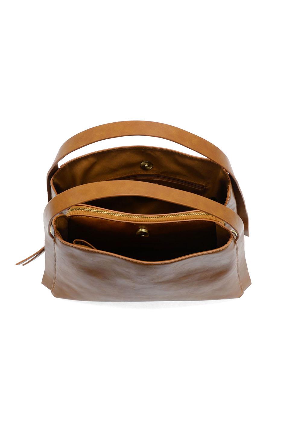 Open tan leather crossbody satchel showing interior compartments and zippered pockets