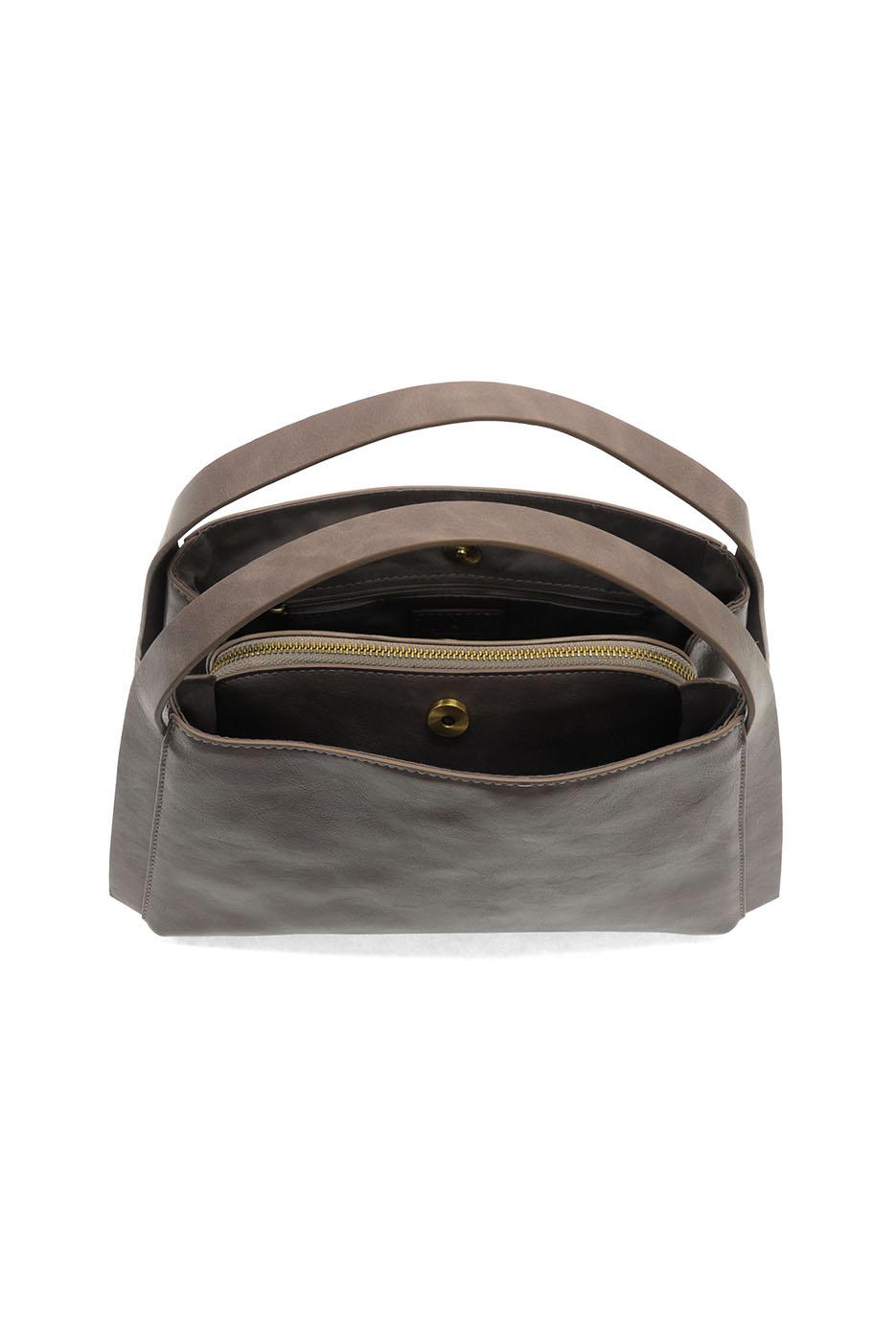 Grace Satchel Crossbody bag in scotch taupe color shown open displaying interior compartments