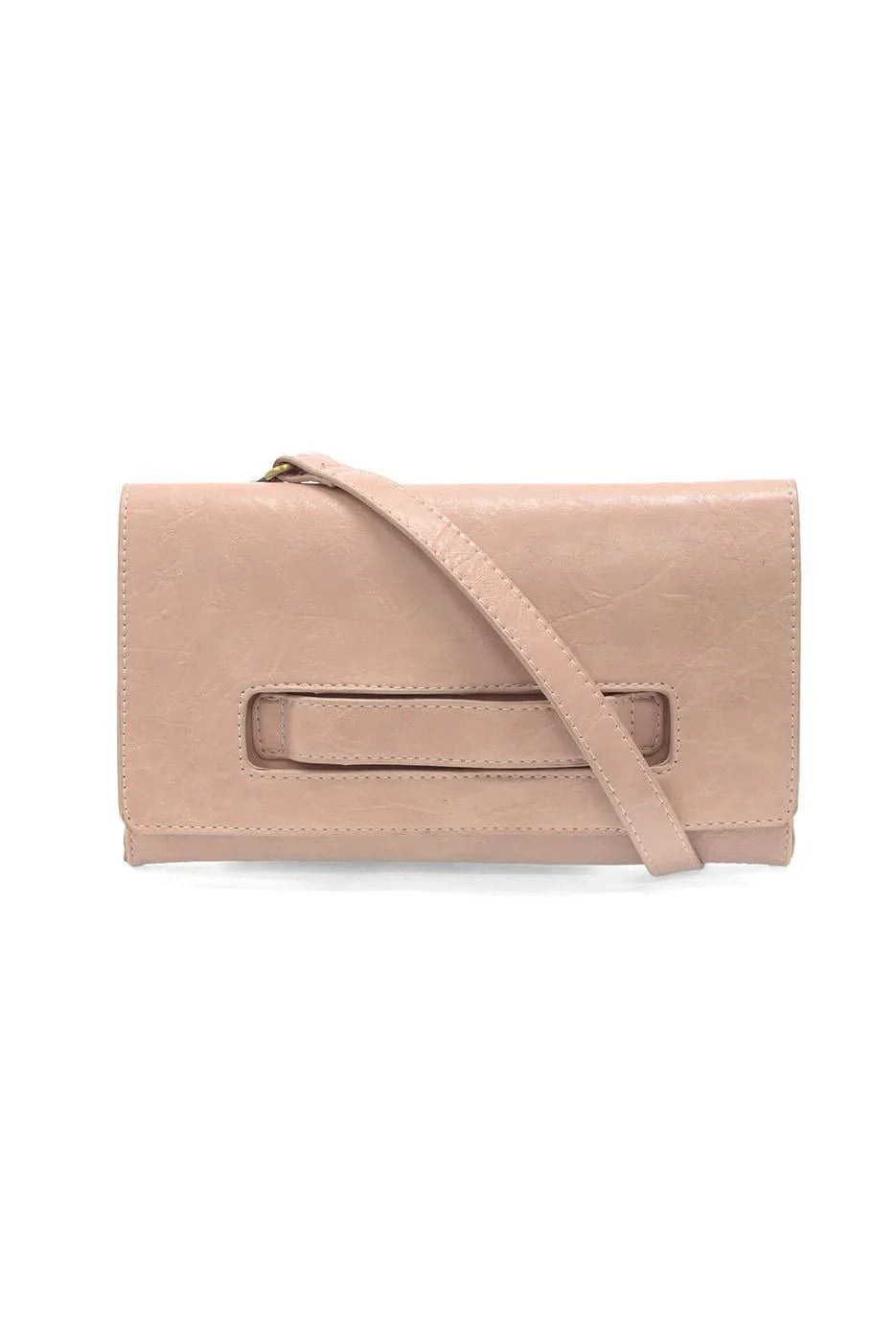 Pale pink antiqued vegan leather clutch crossbody bag with slide handle and adjustable strap