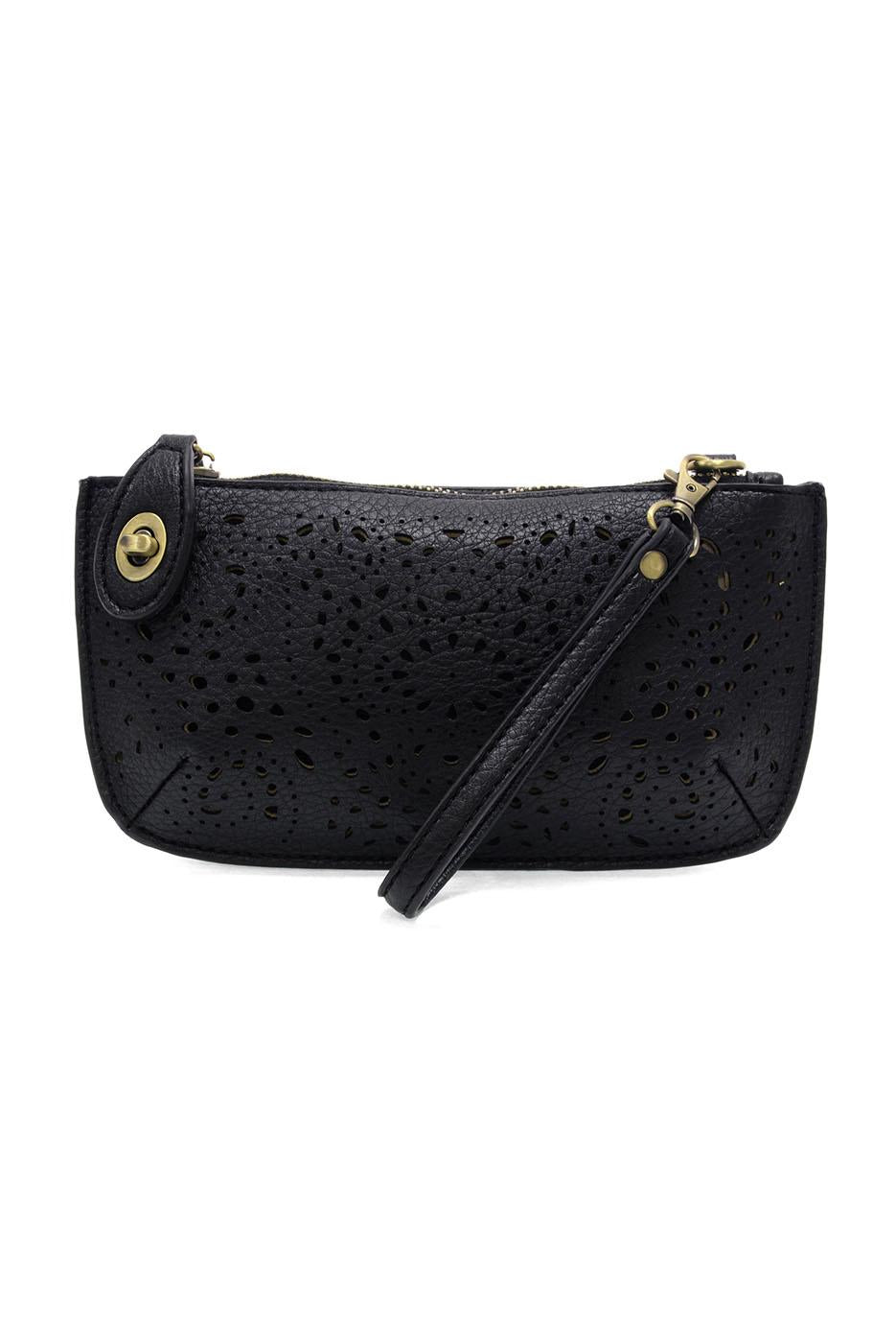 Black laser cut eyelet mini wristlet crossbody clutch with gold hardware and perforated pattern