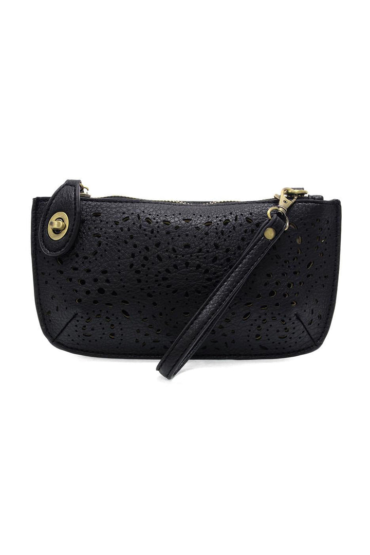 Black laser cut eyelet mini wristlet crossbody clutch with gold hardware and perforated pattern