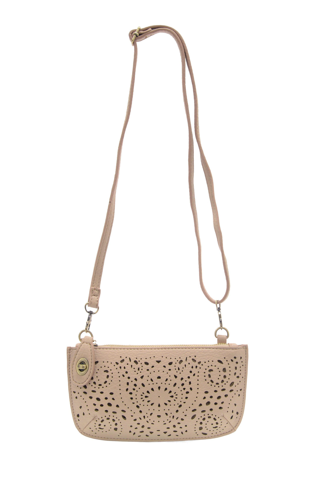 Taupe laser cut eyelet mini crossbody clutch with adjustable strap and perforated design