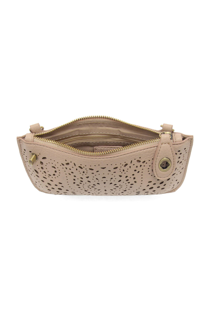 Tan laser cut eyelet mini wristlet crossbody clutch with perforated pattern and zipper opening