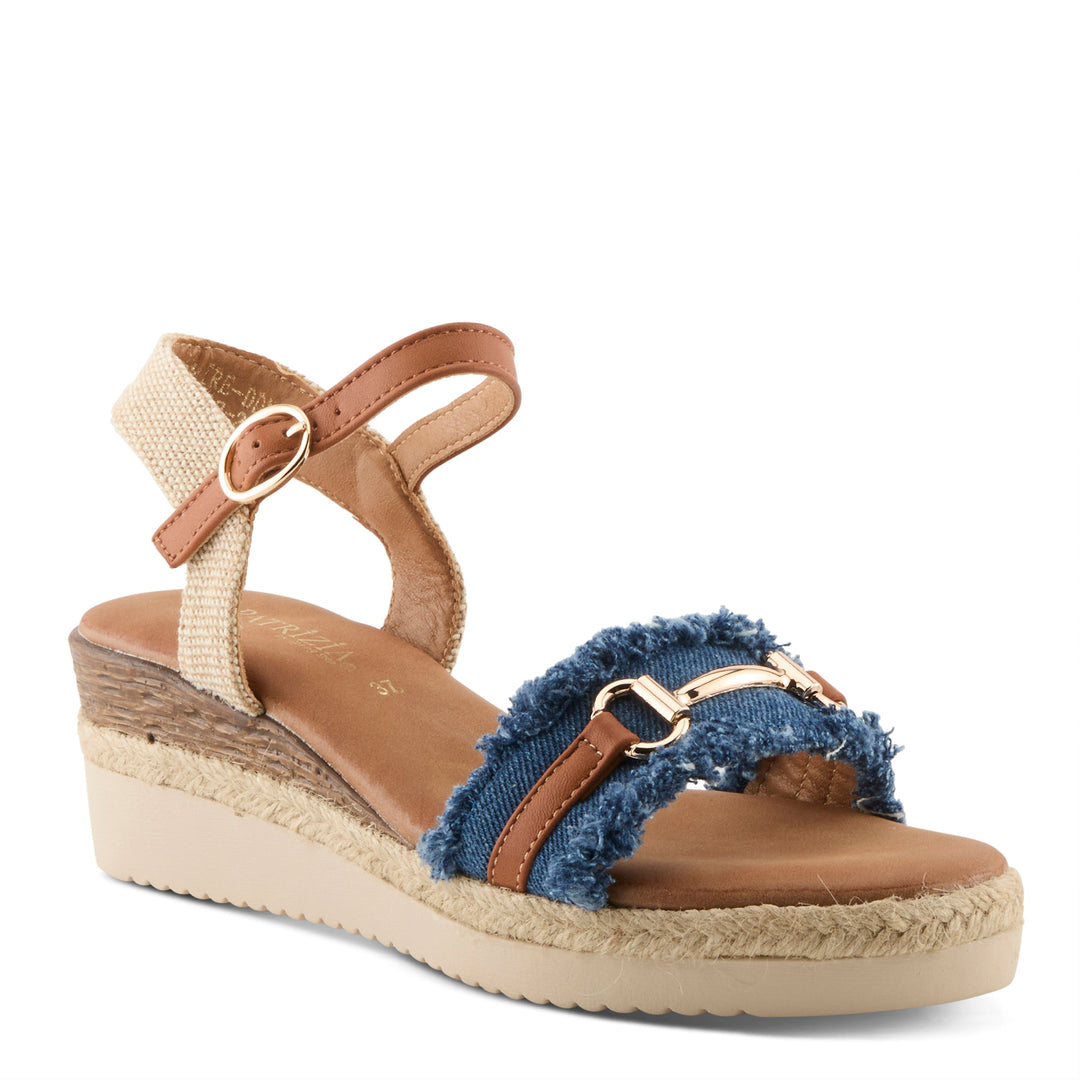 Spring Footwear Lemire platform wedge sandal with denim blue frayed strap and espadrille sole