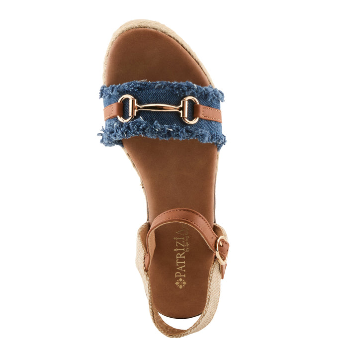 Platform wedge sandal with dark denim blue frayed strap and gold hardware buckle