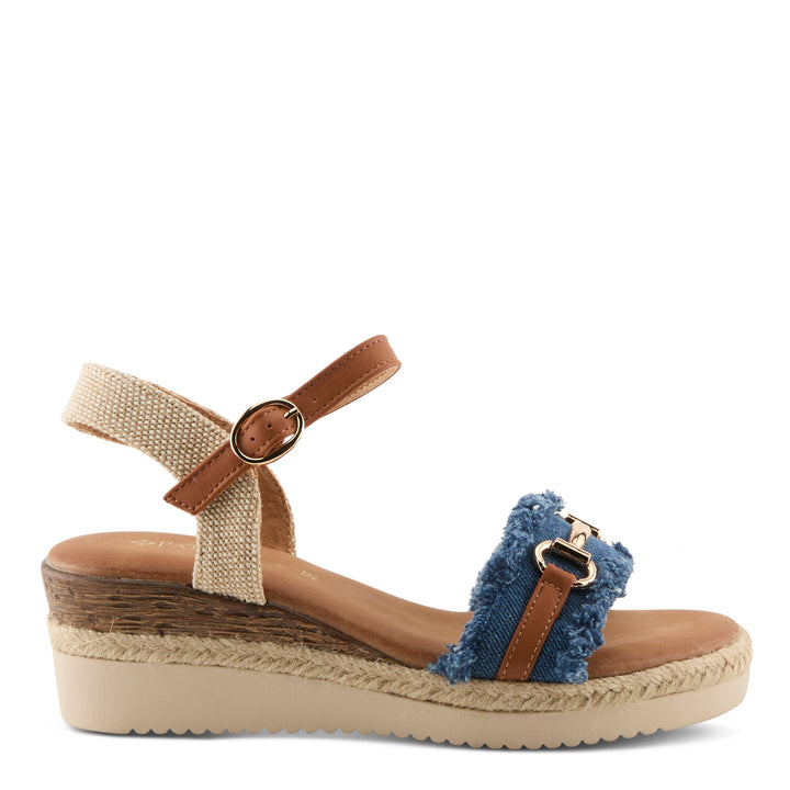 Platform wedge sandal with dark denim blue frayed strap and brown leather ankle strap