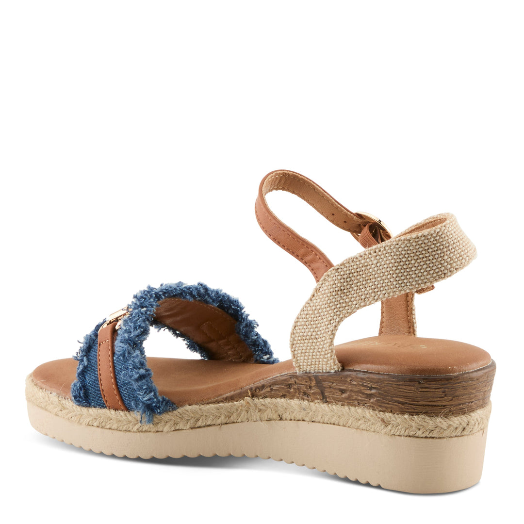 Spring Footwear Lemire platform wedge sandal with dark denim blue frayed straps and espadrille sole
