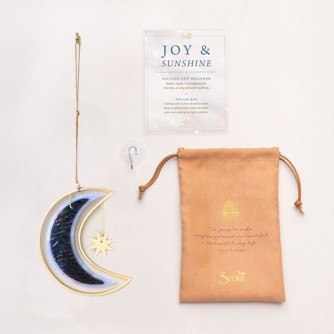 Scout stained glass light catcher featuring blue crescent moon with gold star design