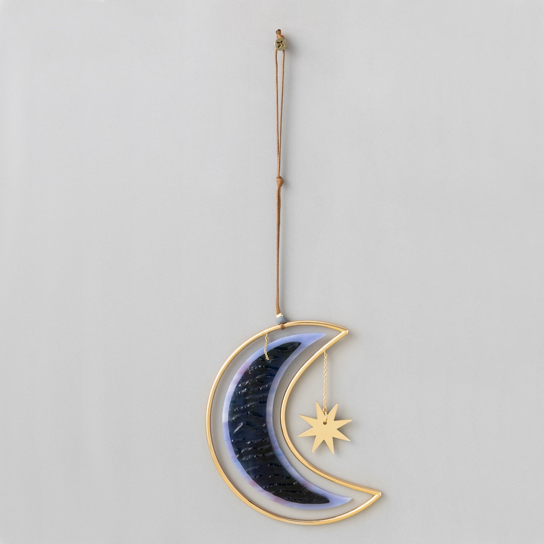 Scout stained glass light catcher featuring crescent moon with hanging gold star