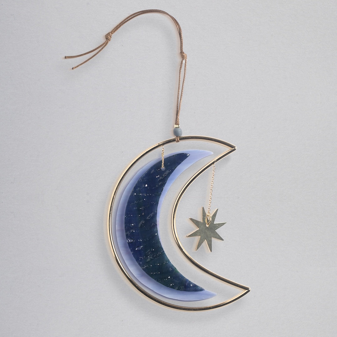 Scout stained glass crescent moon light catcher with hanging star in blue gradient