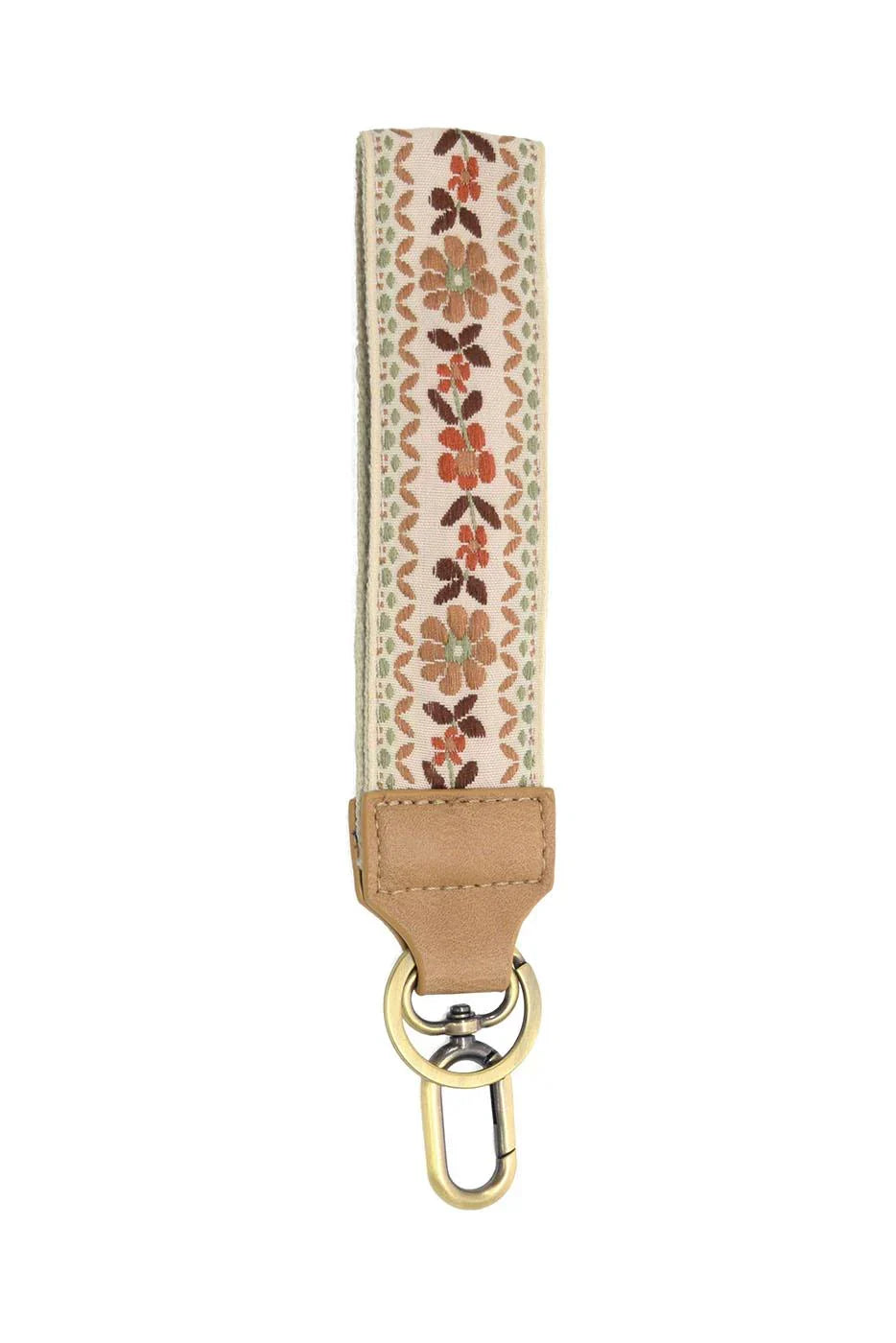 Floral embroidered wristlet keychain with tan leather base and brass swivel clip