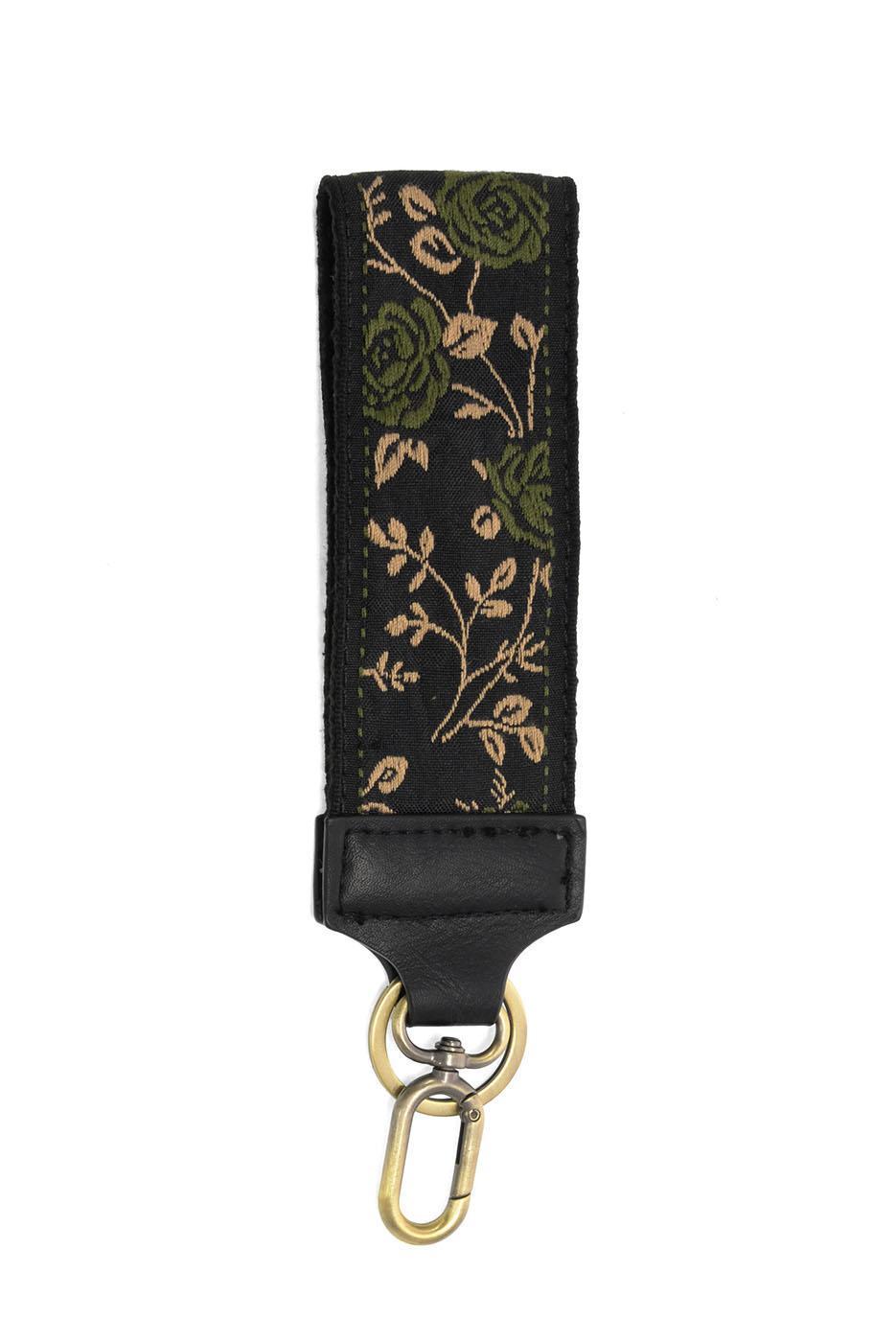 Black floral wristlet keychain strap with olive roses and brass carabiner clip