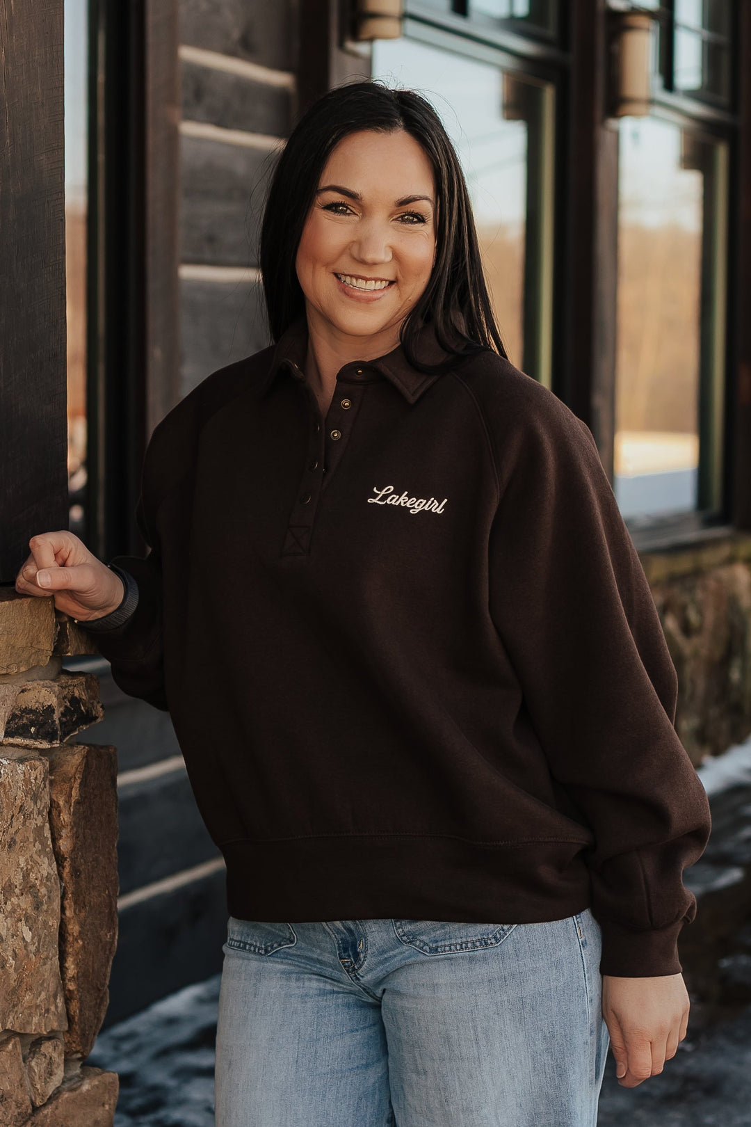 Lakegirl Classic Bubble Sleeve Henley sweatshirt in chocolate brown with embroidered logo