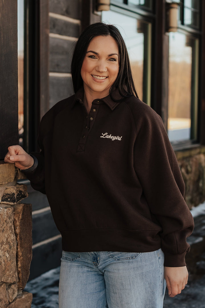 Lakegirl Classic Bubble Sleeve Henley sweatshirt in chocolate brown with embroidered logo