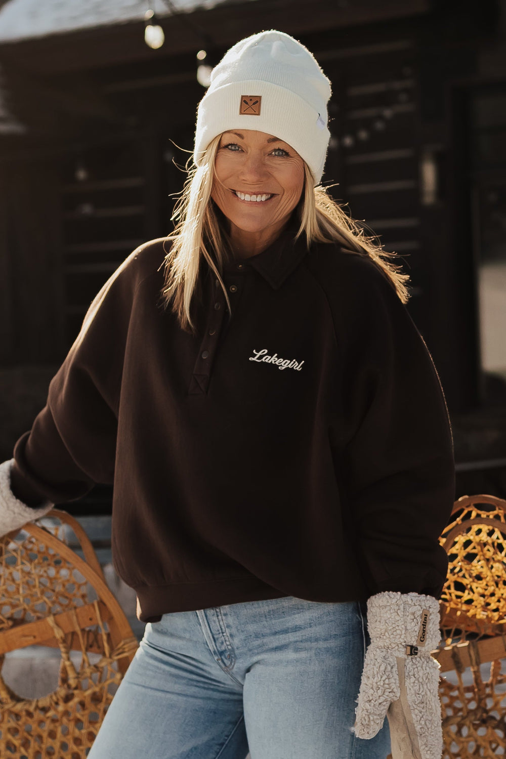 Lakegirl Classic Bubble Sleeve Henley in chocolate brown with script logo embroidery