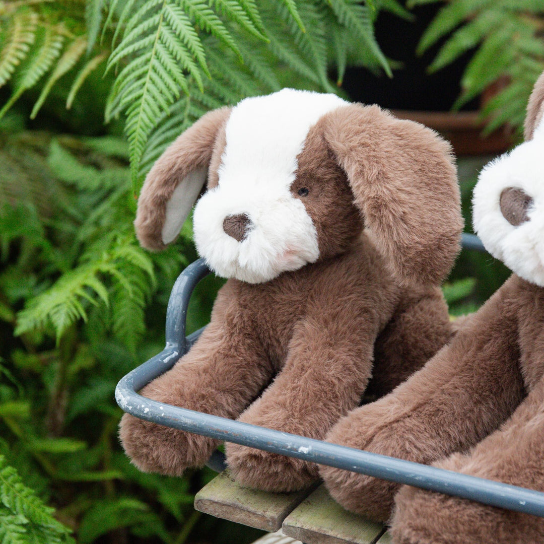 Bunnies By the Bay Little Floppy Mutt stuffed dog in cocoa brown with white markings
