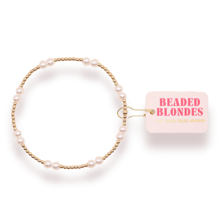 Beaded Blondes Leah Pearl Bracelet featuring white pearls and gold-filled beads on display card