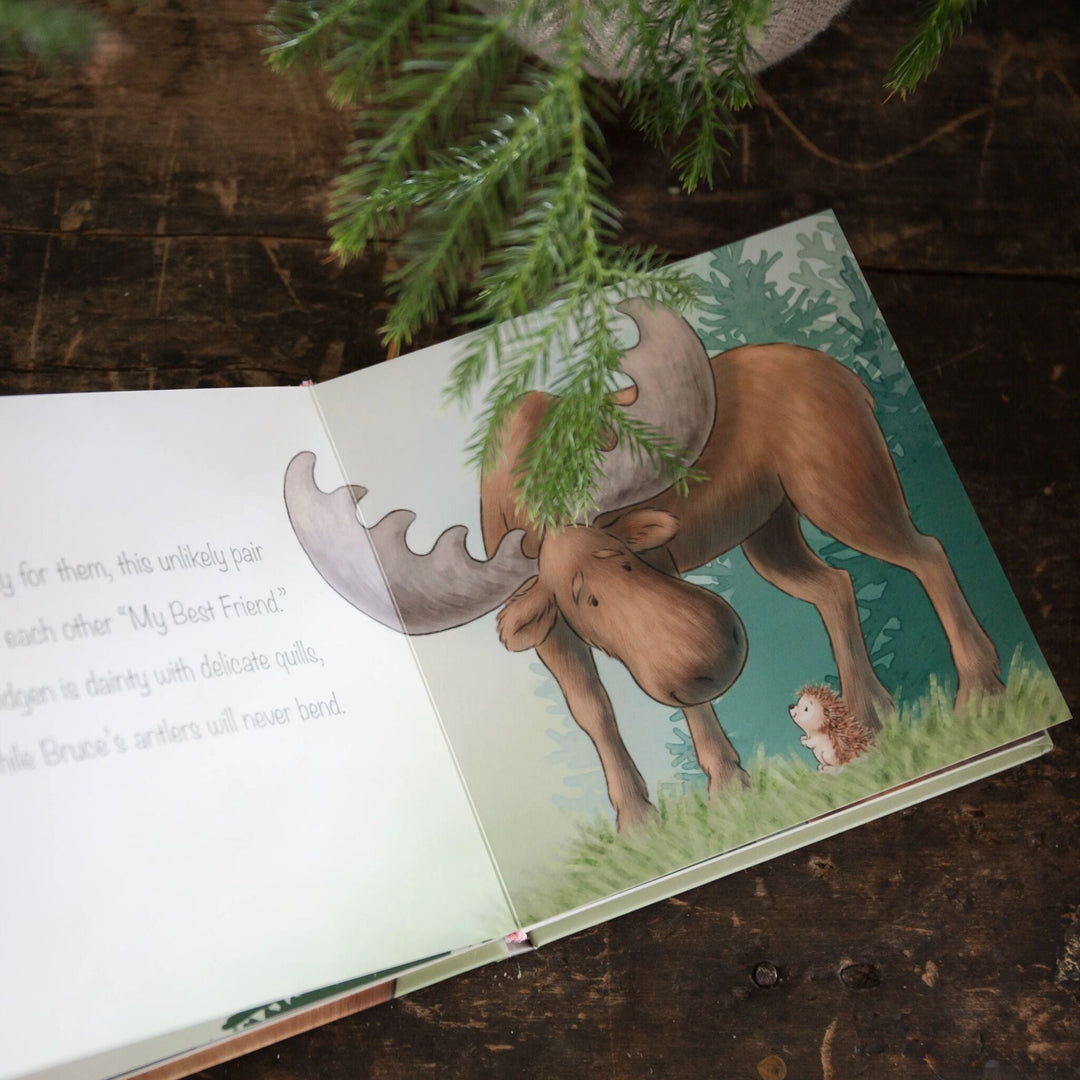 Open board book showing illustrated moose bending down to meet a small hedgehog friend