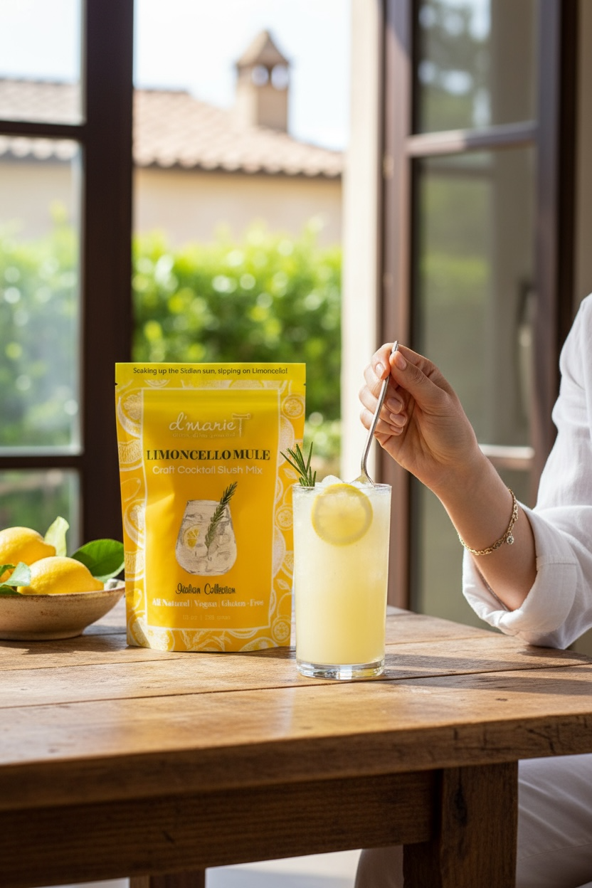 D'Marie Limoncello Mule cocktail slush mix package with prepared drink and citrus fruits