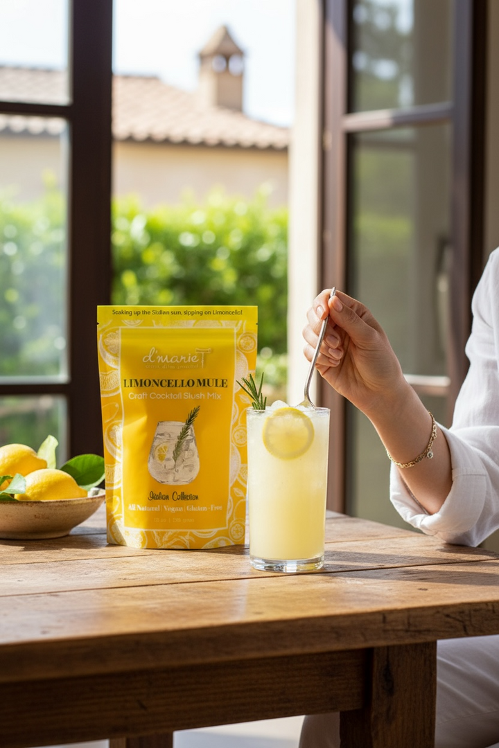 D'Marie Limoncello Mule cocktail slush mix package with prepared drink and citrus fruits