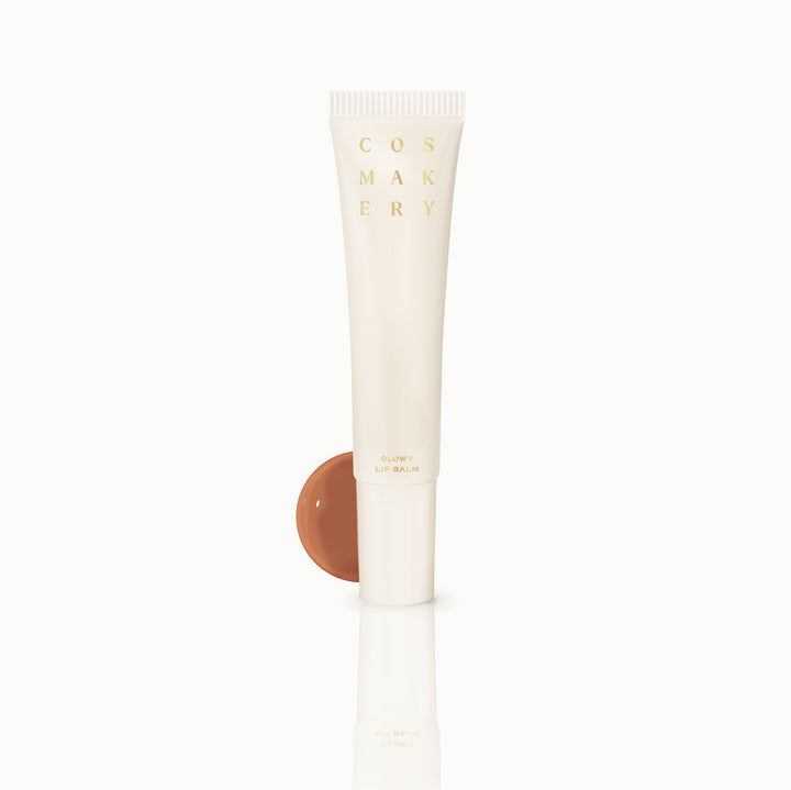 Cosmakery Glowy Lip Balm in warm sugar shade with product swatch