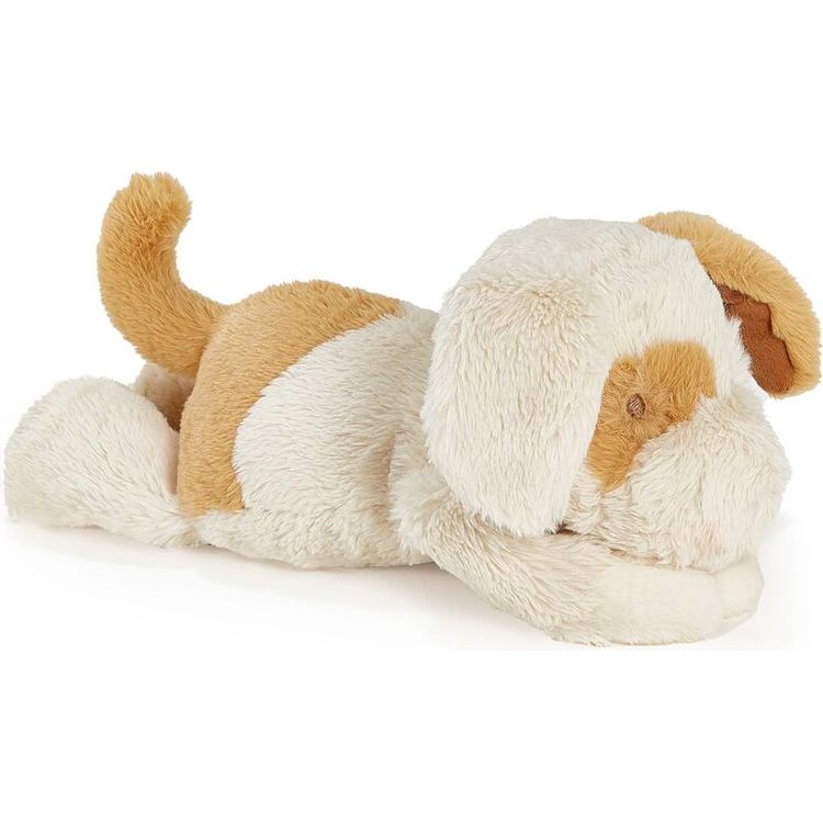 Plush cream and tan puppy stuffed animal lying on side in resting position