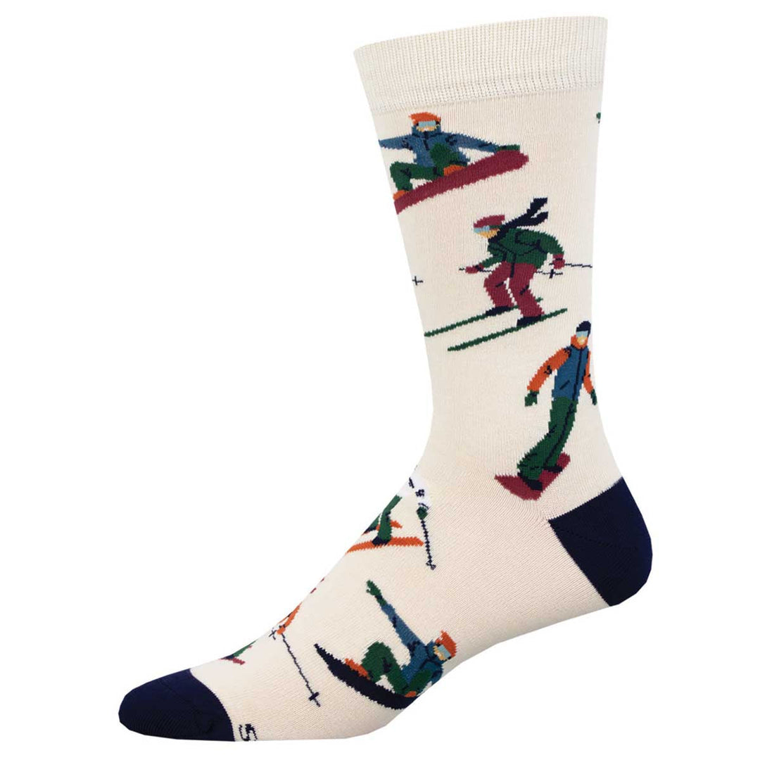 Socksmith Snow Day Socks in ivory with colorful skiing and snowboarding figures, navy heel and toe