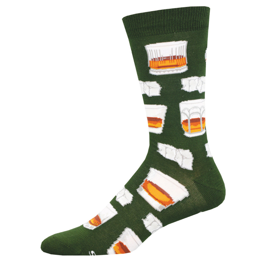 Socksmith Whiskey Business green crew socks featuring whiskey glasses and ice cubes pattern