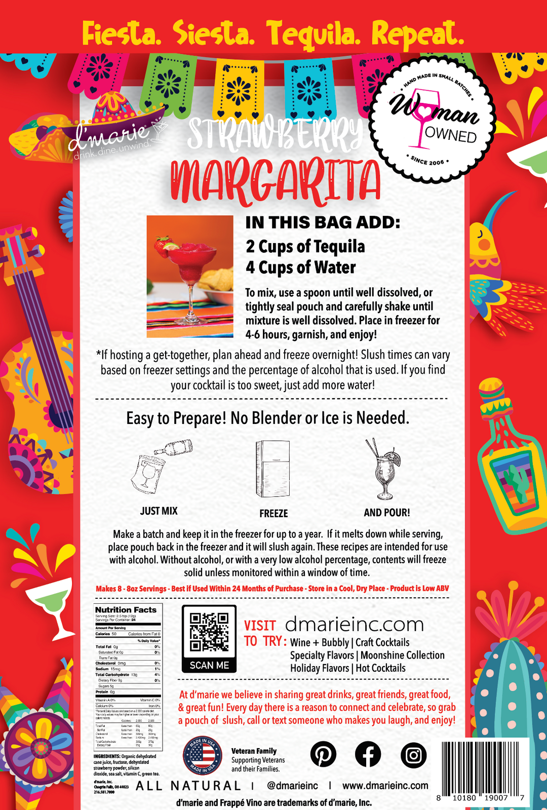 D'Marie Strawberry Margarita cocktail mix bag packaging with colorful Mexican fiesta design
