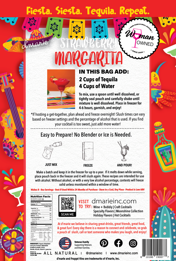 D'Marie Strawberry Margarita cocktail mix bag packaging with colorful Mexican fiesta design