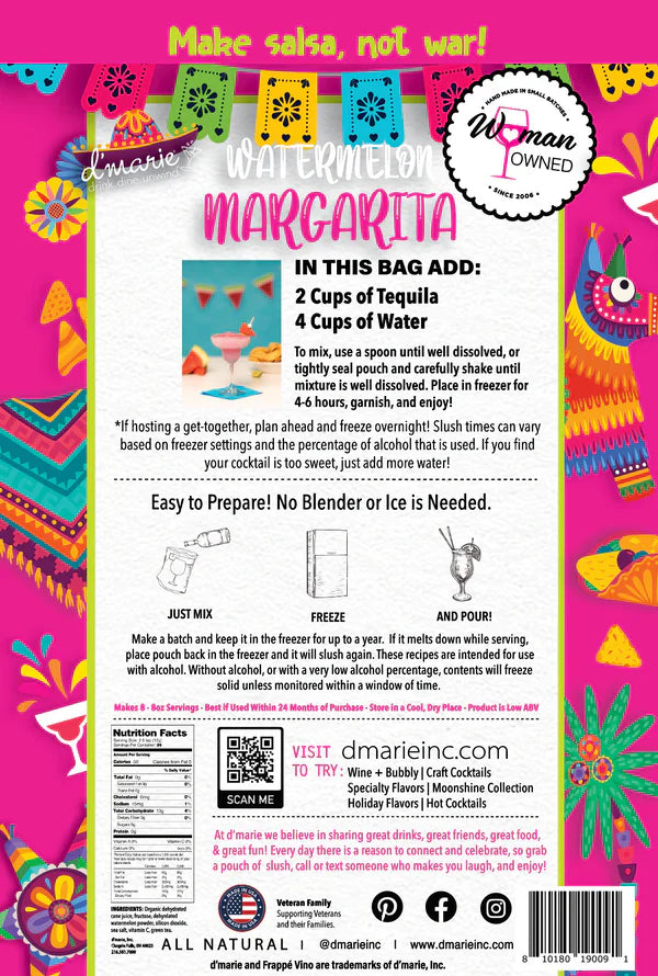 D'Marie Watermelon Margarita cocktail mix bag with colorful Mexican fiesta themed packaging design