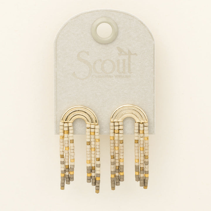 Scout Chromacolor Miyuki rainbow fringe earrings with gold and neutral beaded tassels